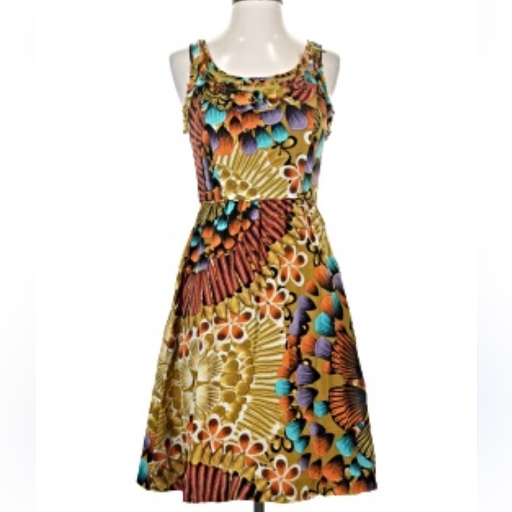 Anthropologie Edme & Esyllte Lappula Silk Ruffle Dress Mustard Floral Midi-8